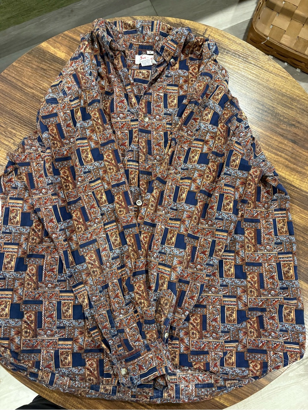 Vintage Woven Button-Down Shirt in Navy & Brown Paisley Patchwork